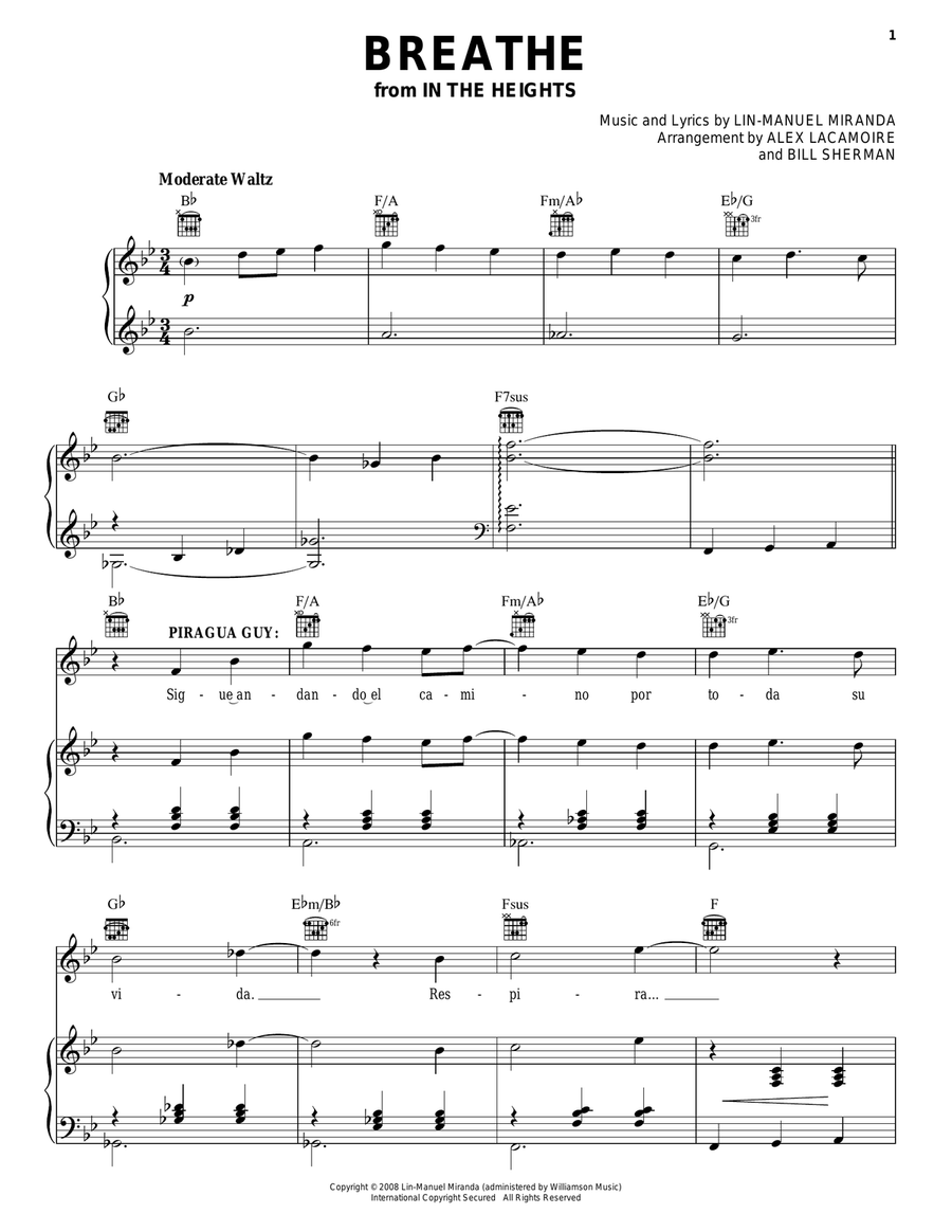 Breathe (from In The Heights: The Musical) Piano, Vocal, Guitar scores gallery preview page 1