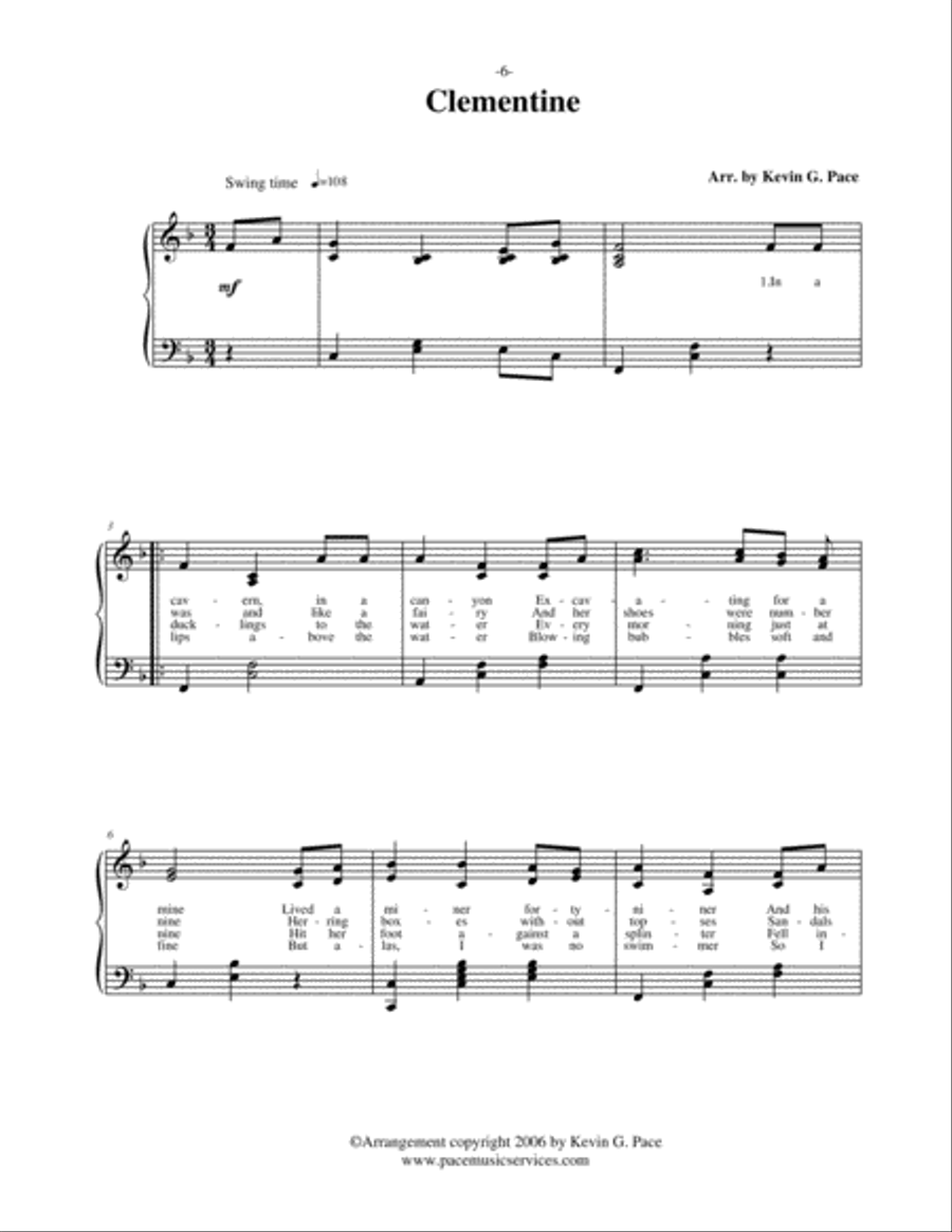 Clementine - vocal solo with piano accompaniment or piano solo Unison Choir scores gallery preview page 2