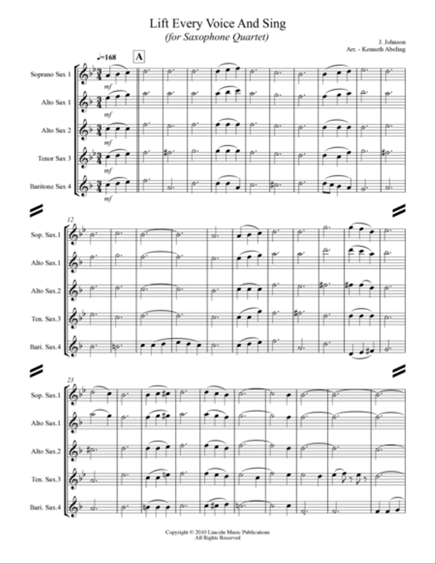 Lift Every Voice and Sing (for Saxophone Quartet SATB or AATB) Saxophone Quartet scores gallery preview page 2