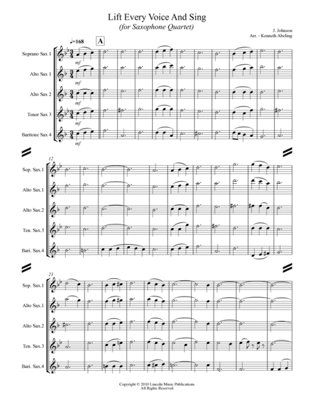 Lift Every Voice and Sing (for Saxophone Quartet SATB or AATB) image number null