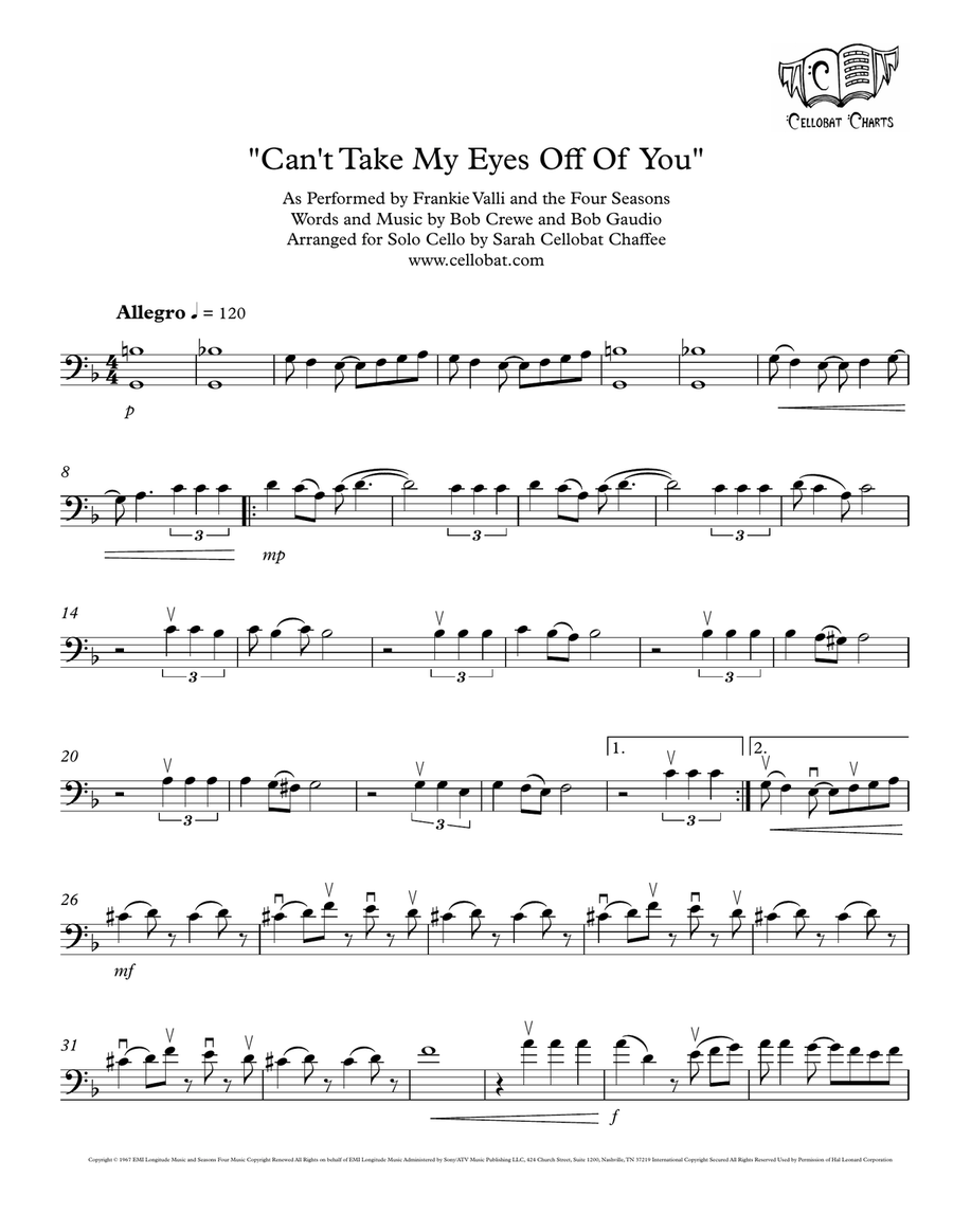 Can't Take My Eyes Off Of You by Frankie Valli Cello Solo - Digital Sheet Music