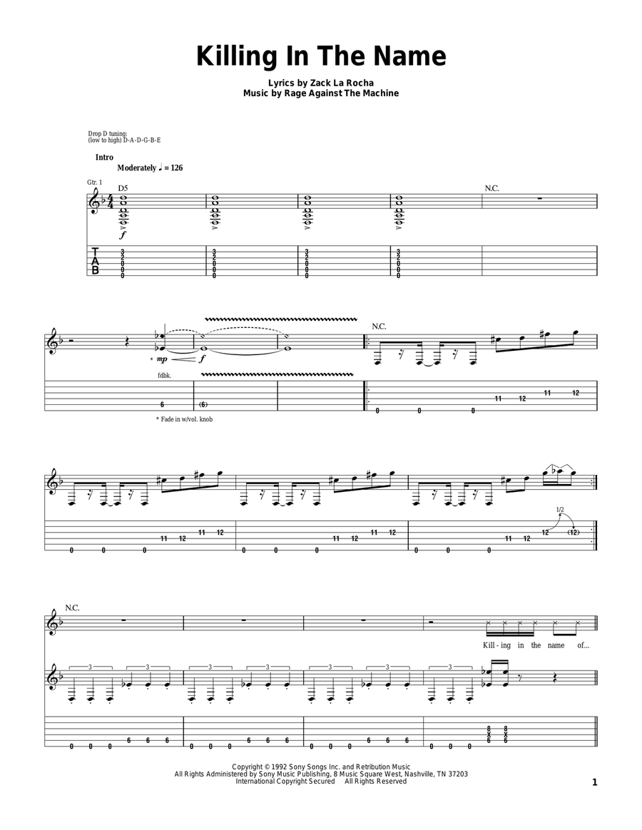 Killing In The Name Electric Guitar scores gallery preview page 1