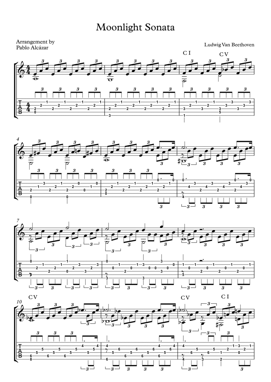 Solo guitar - Moonlight Sonata by Beethoven Acoustic Guitar scores gallery preview page 1