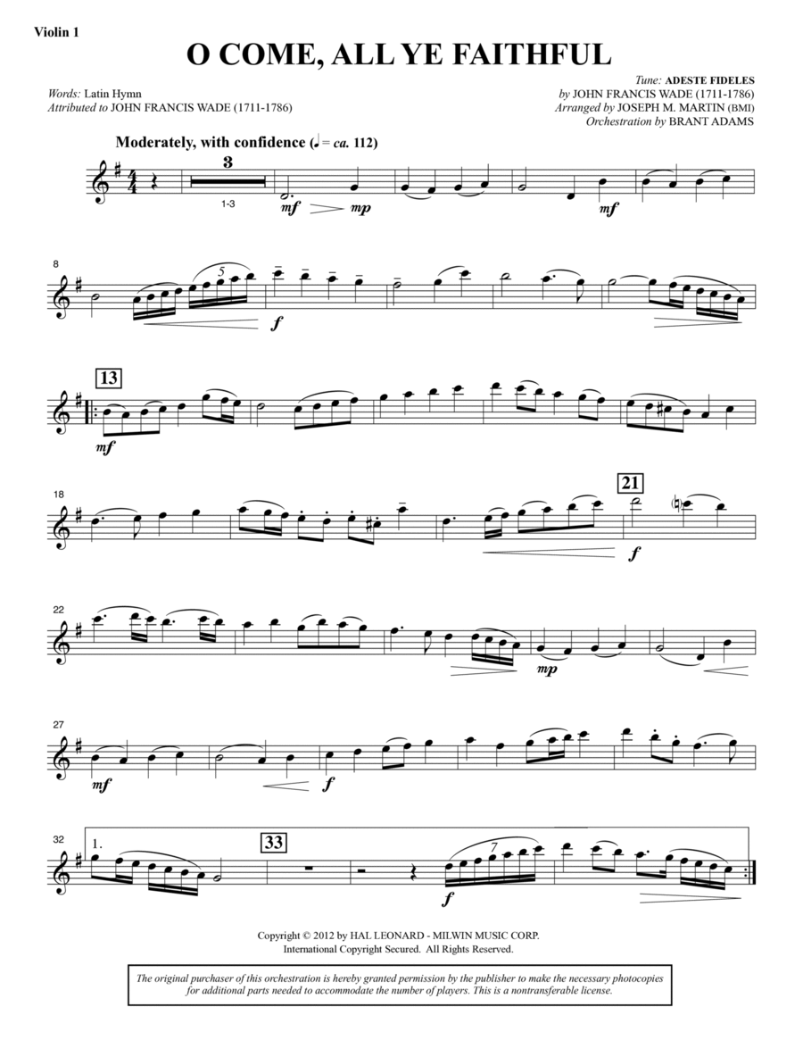 O Come, All Ye Faithful (from Carols For Choir And Congregation) - Violin 1 Choir scores gallery preview page 1