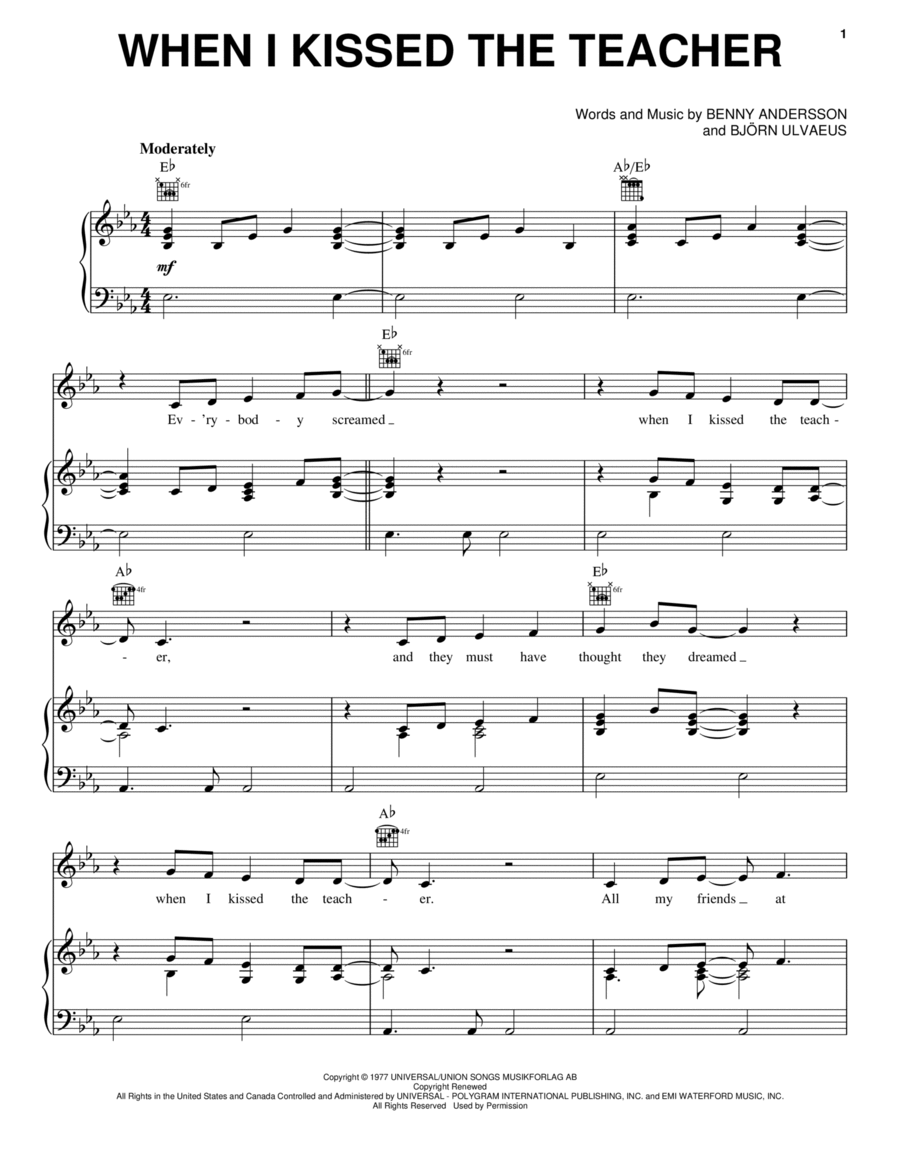 When I Kissed The Teacher (from Mamma Mia! Here We Go Again) Piano, Vocal, Guitar scores gallery preview page 1