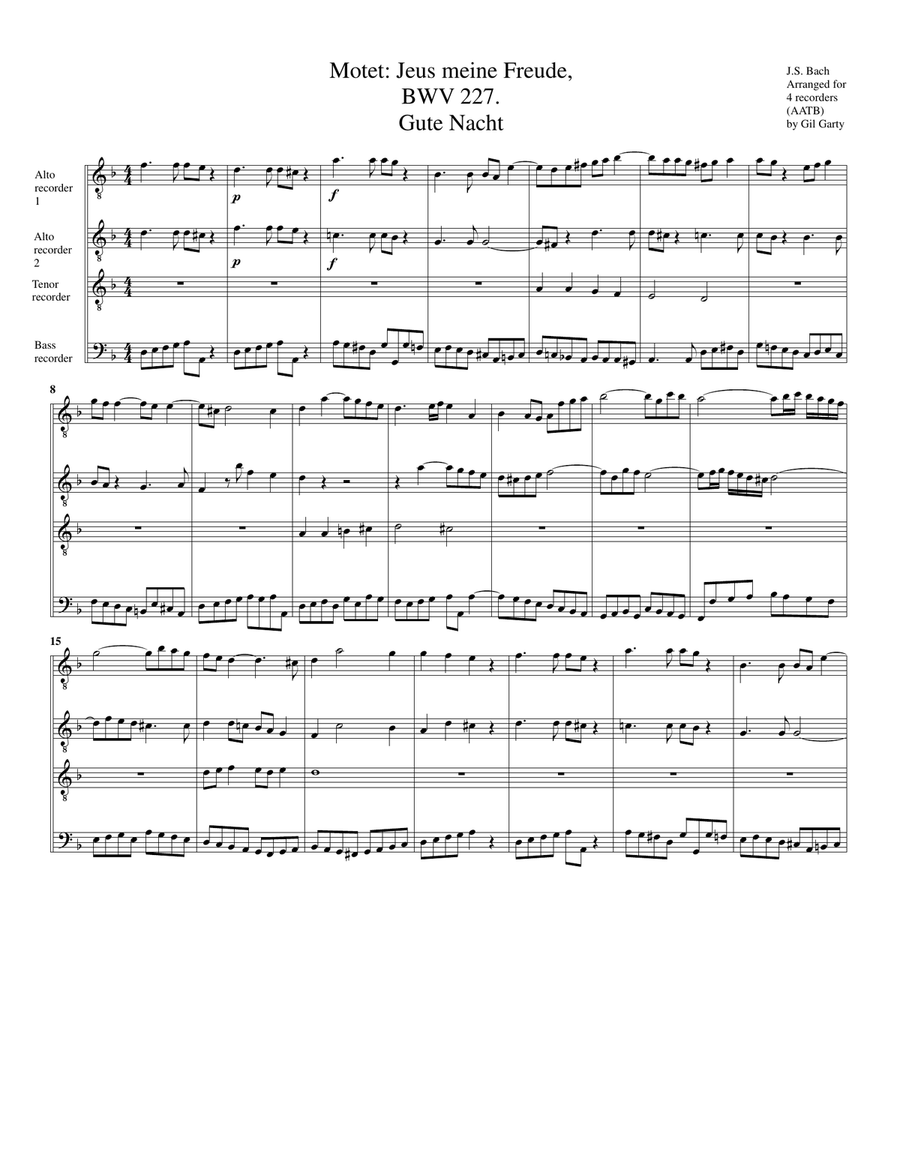 Gute Nacht from Motet: Jesu, meine Freude, BWV 227 (arrangement for 4 recorders in d minor) Alto Recorder scores gallery preview page 2