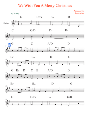 We Wish You A Merry Christmas, sheet music and guitar melody for the beginning musician (easy).
