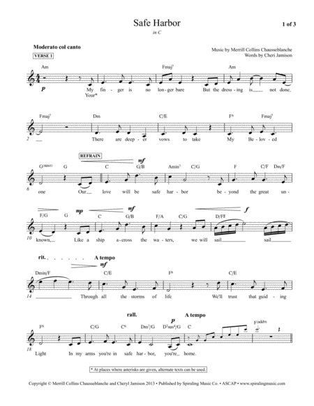Safe Harbor , vocal piano lead sheet in C