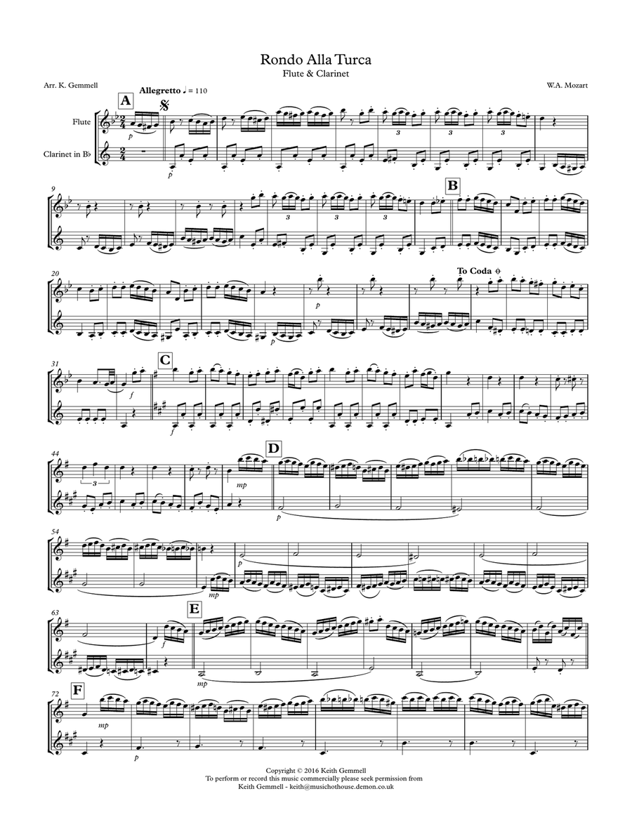 Rondo Alla Turca: Flute & Clarinet Duet Woodwind Duet scores gallery preview page 1