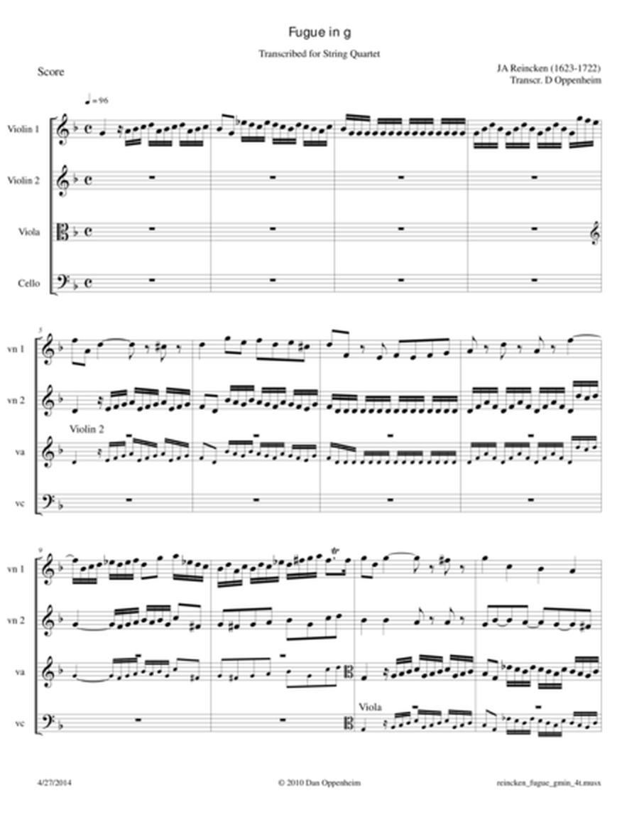 Reincken: Fugue in g Transcribed for String Quartet image number null