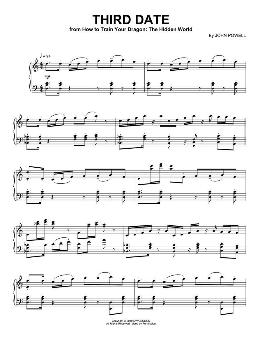 Third Date (from How to Train Your Dragon: The Hidden World) Piano Solo scores gallery preview page 1