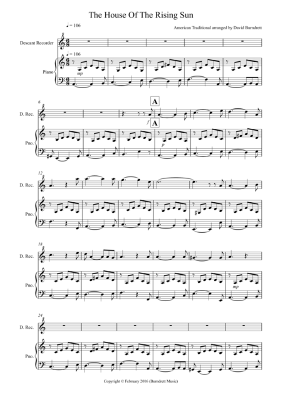 House of the Rising Sun for Descant Recorder and Piano Woodwind Duet scores gallery preview page 1