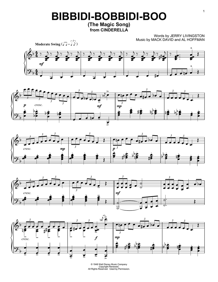 Bibbidi-Bobbidi-Boo (The Magic Song) (from Cinderella) Piano Solo scores gallery preview page 1