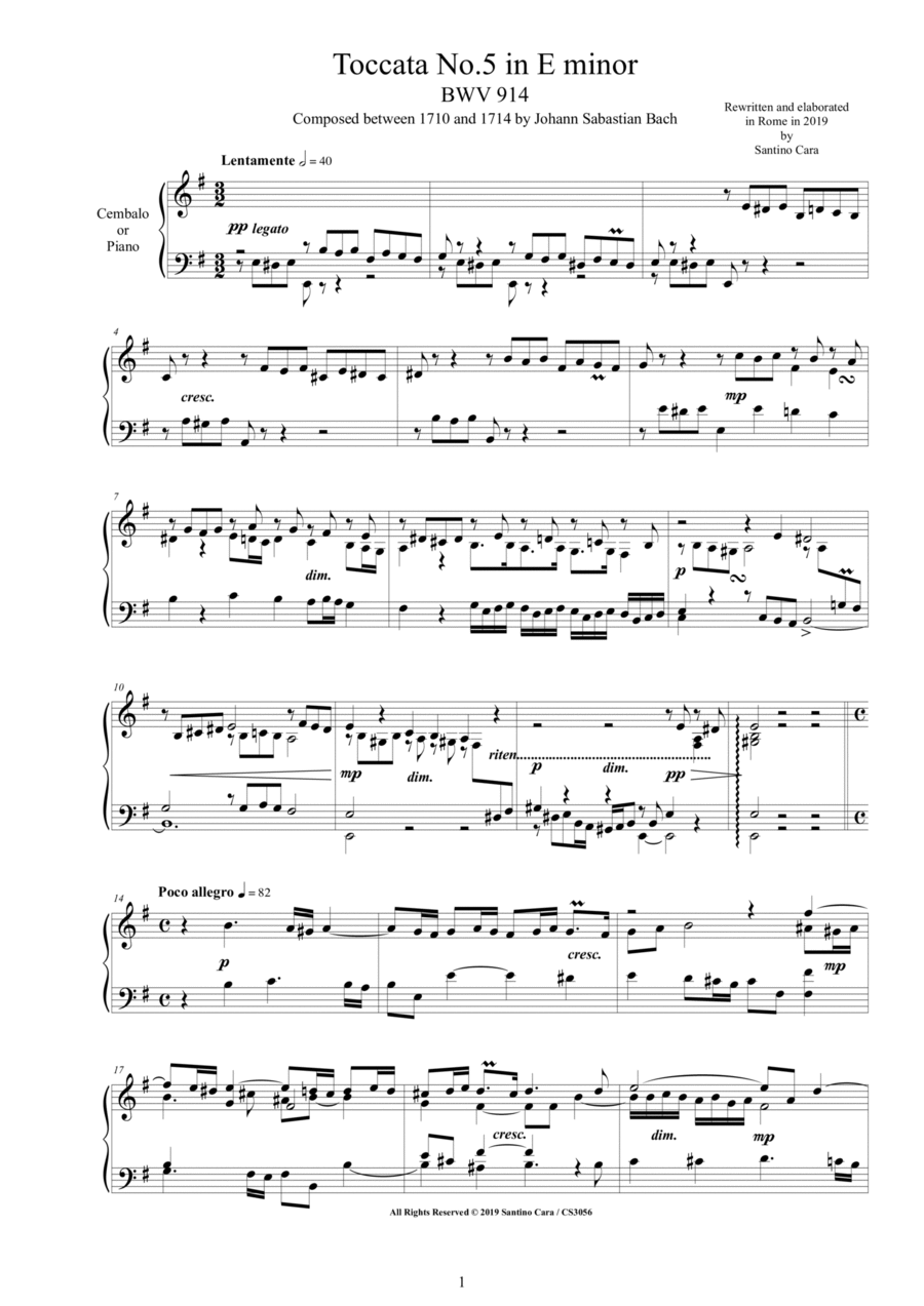 Bach - Toccata No.5 in E minor BWV 914 for Harpsichord or Piano - Complete score Harpsichord scores gallery preview page 1