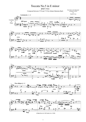 Book cover for Bach - Toccata No.5 in E minor BWV 914 for Harpsichord or Piano - Complete score