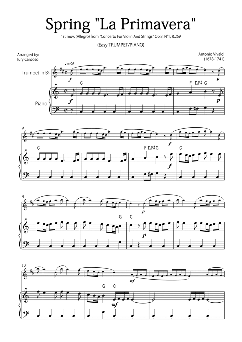 "Spring" (La Primavera) by Vivaldi - Easy version for TRUMPET & PIANO image number null