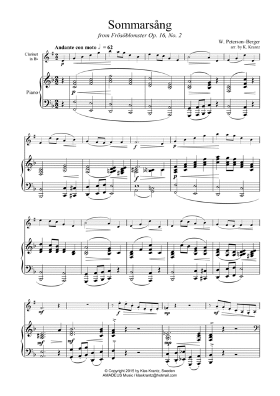 Sommarsång/Sommarsang for clarinet in Bb and piano B-Flat Clarinet scores gallery preview page 2