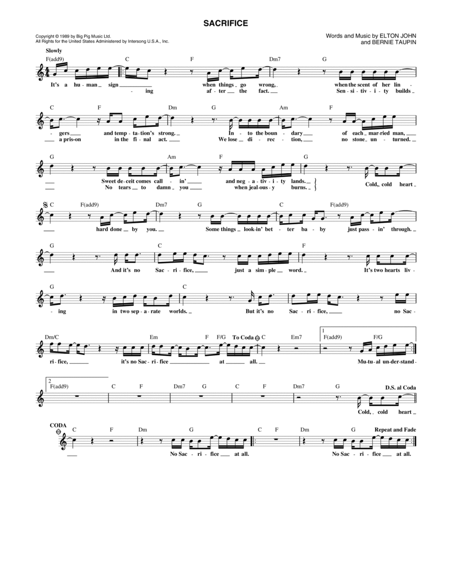 Sacrifice Sacrifice Piano, Vocal, Guitar scores gallery preview page 1