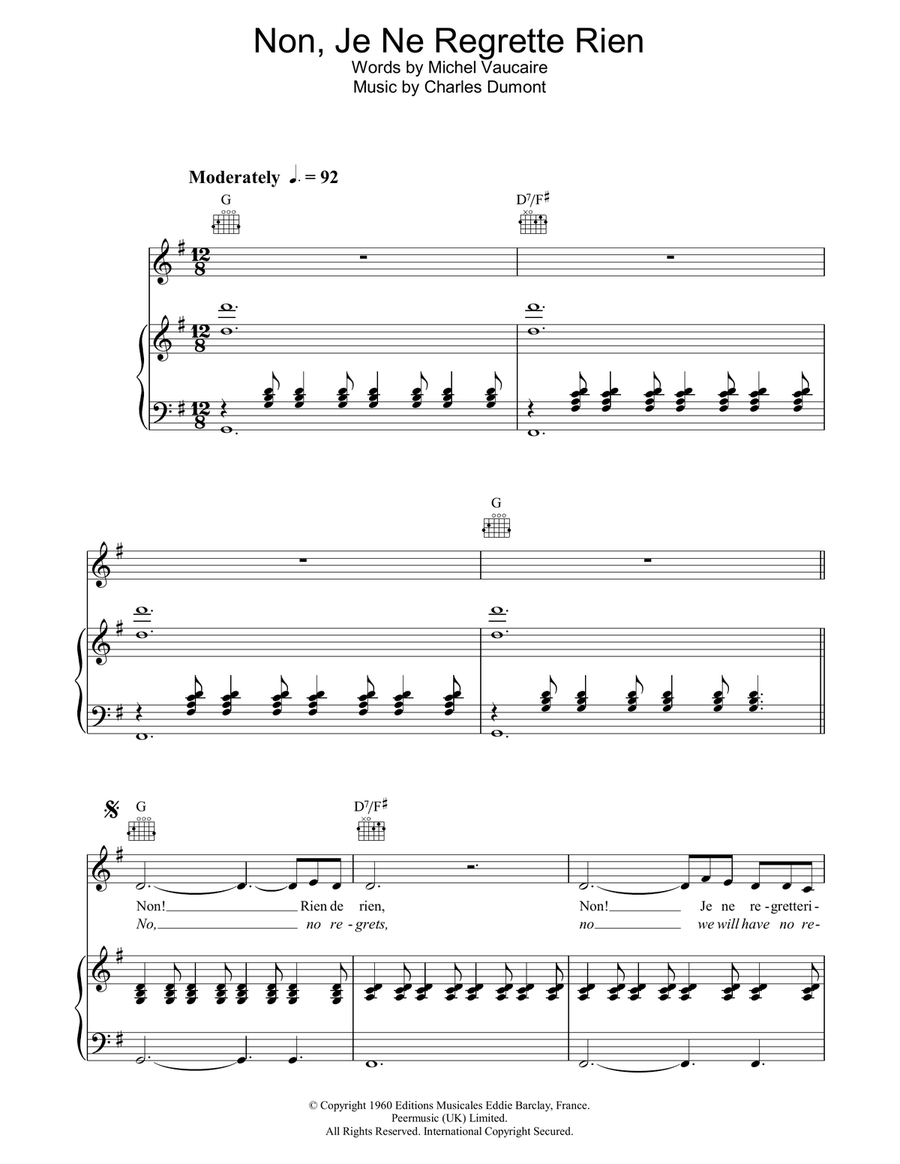 Non, Je Ne Regrette Rien Piano, Vocal, Guitar scores gallery preview page 1