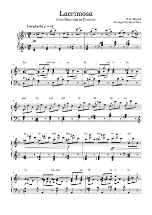 Mozart Lacrimosa - Requiem in D minor - For Piano Solo (Intermediate)