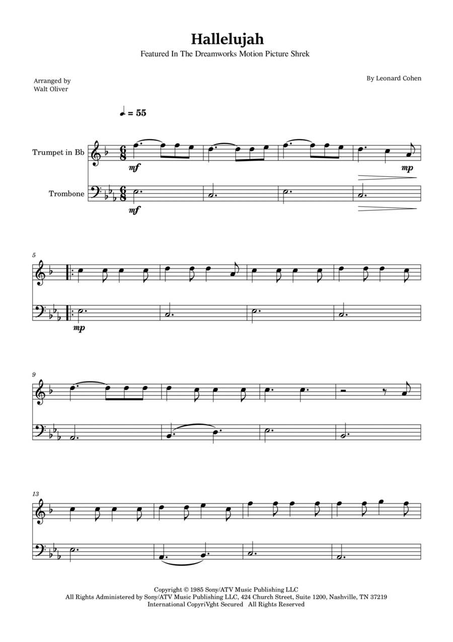 Hallelujah Brass Duet scores gallery preview page 1