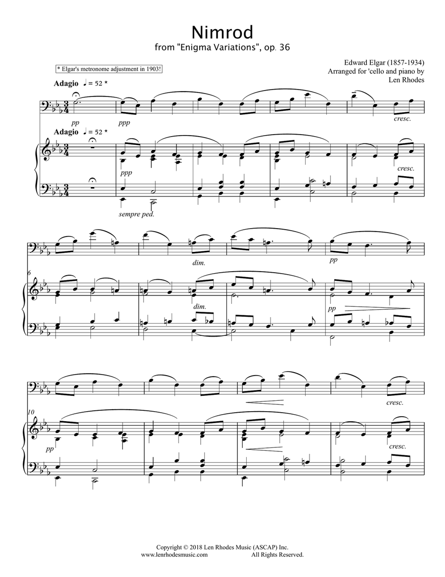Elgar - Nimrod from 'Enigma Variations', arranged for 'Cello and Piano Piano scores gallery preview page 1