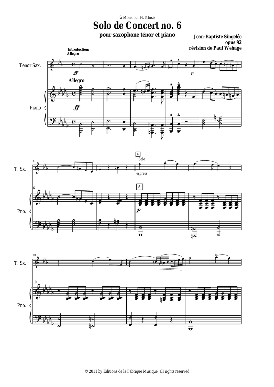 Jean-Baptiste Singelée: Solo de Concert no. 6, Opus 92 pour Saxophone Ténor et Piano Piano scores gallery preview page 2