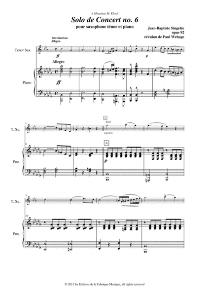 Jean-Baptiste Singelée: Solo de Concert no. 6, Opus 92 pour Saxophone Ténor et Piano