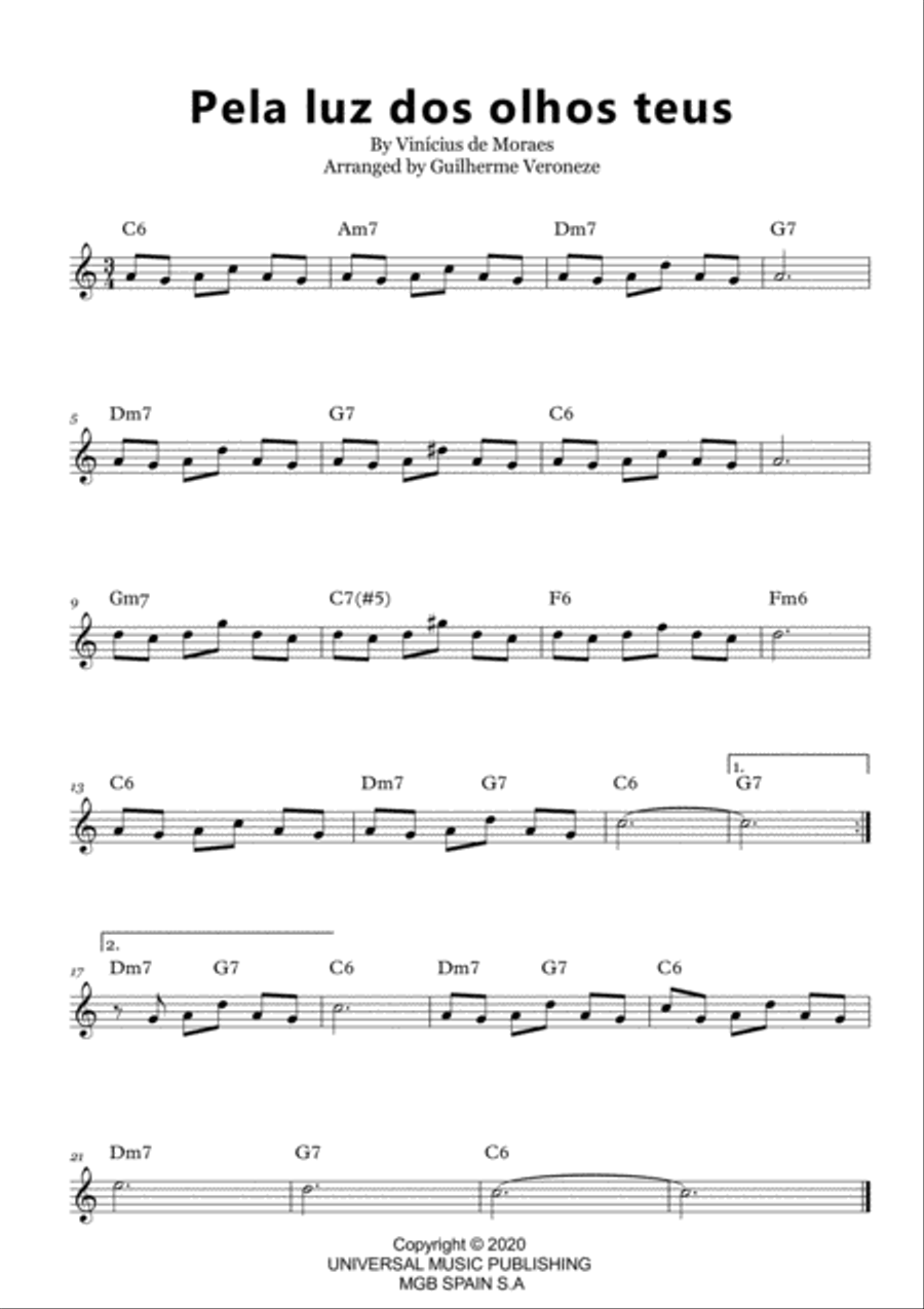 Pela Luz Dos Olhos Teus Piano, Vocal, Guitar scores gallery preview page 1