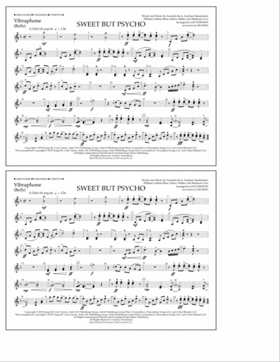 Sweet But Psycho (arr. Jay Dawson) - Vibraphone Marching Band scores gallery preview page 1