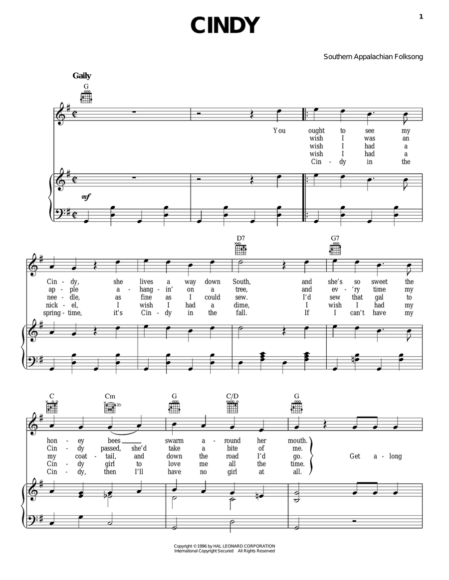 Cindy Cindy Piano, Vocal, Guitar scores gallery preview page 1