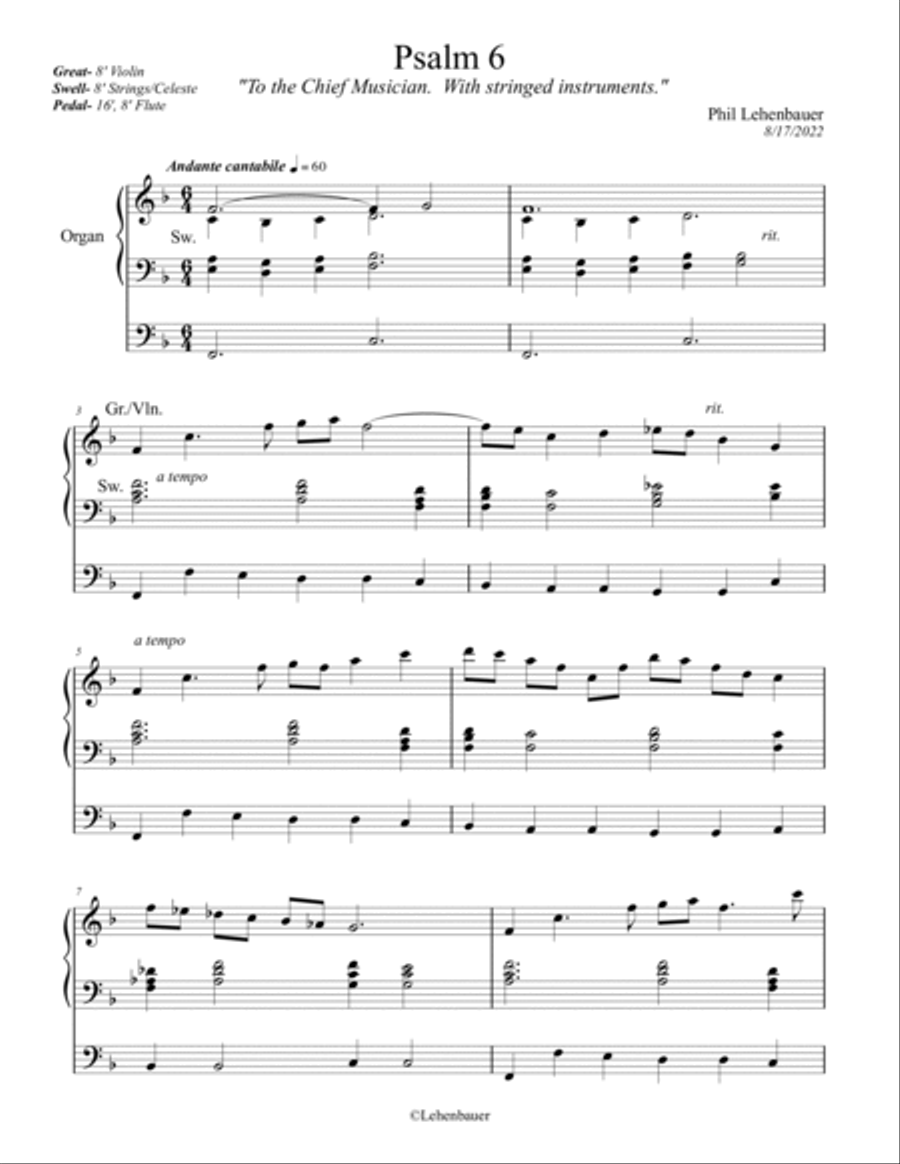Psalm 6, organ work (with opt. Violin) by Phil Lehenbauer Violin scores gallery preview page 2