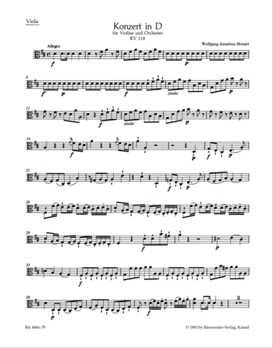 Concerto for Violin and Orchestra, No. 4 D major, KV 218 by Wolfgang Amadeus Mozart Violin Solo - Sheet Music