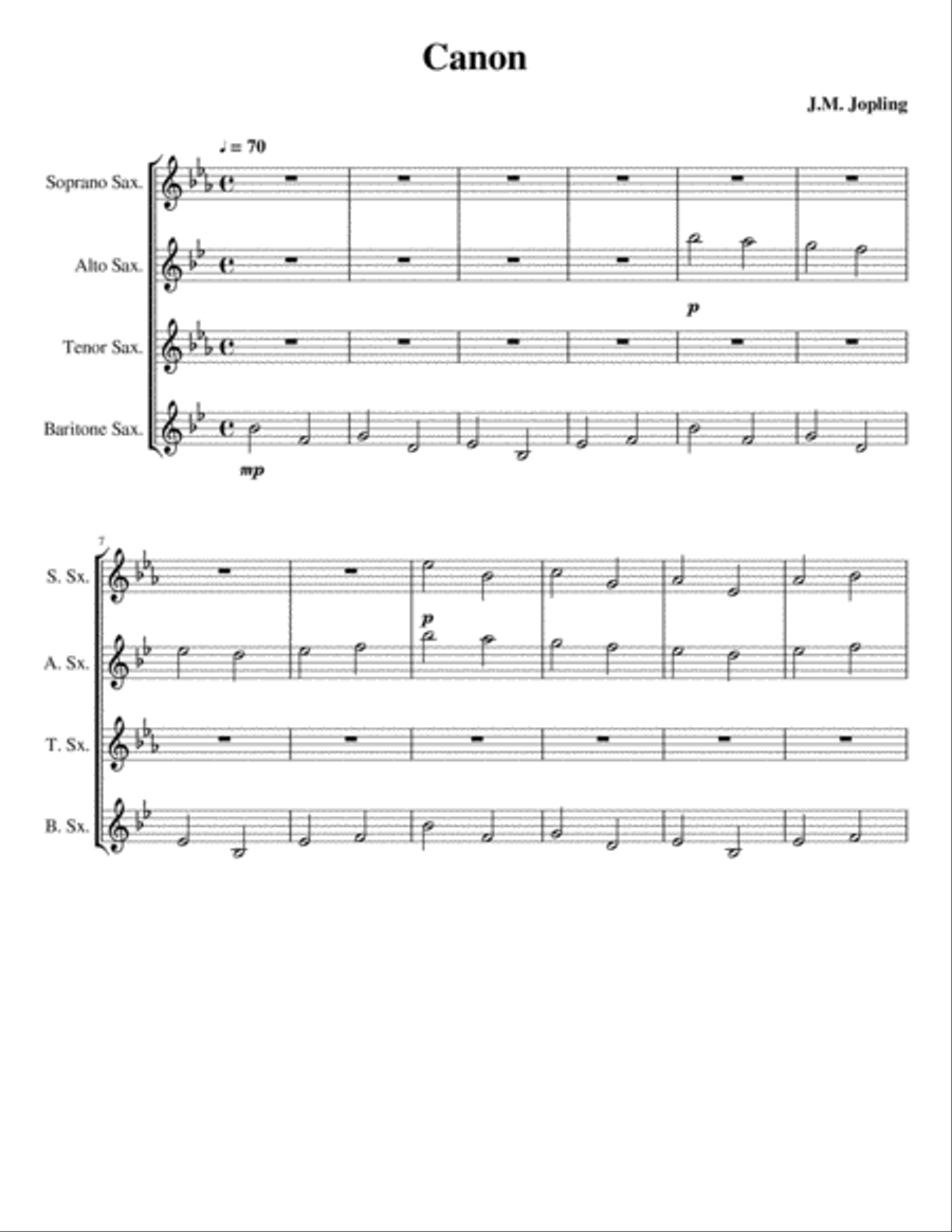 Pachelbel's Canon for Saxophone Quartet (SATB) Pachelbel's Canon for Saxophone Quartet (SATB) Saxophone Quartet scores gallery preview page 1