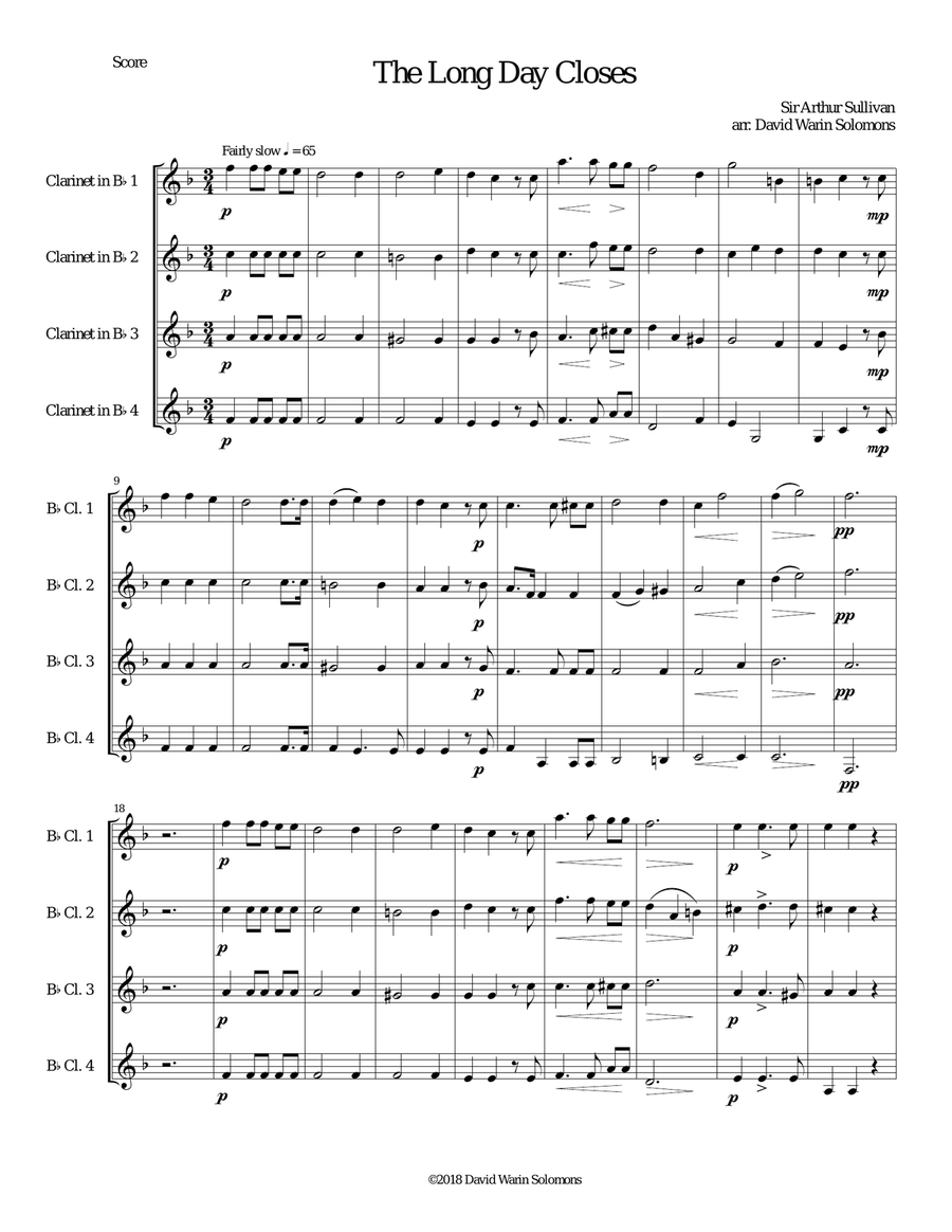 The long day closes for 4 clarinets Clarinet Quartet scores gallery preview page 1