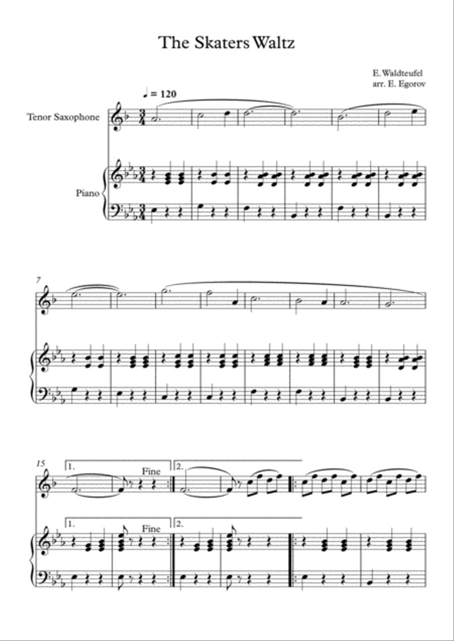 The Skaters Waltz, Emile Waldteufel, For Tenor Saxophone & Piano Tenor Saxophone scores gallery preview page 1