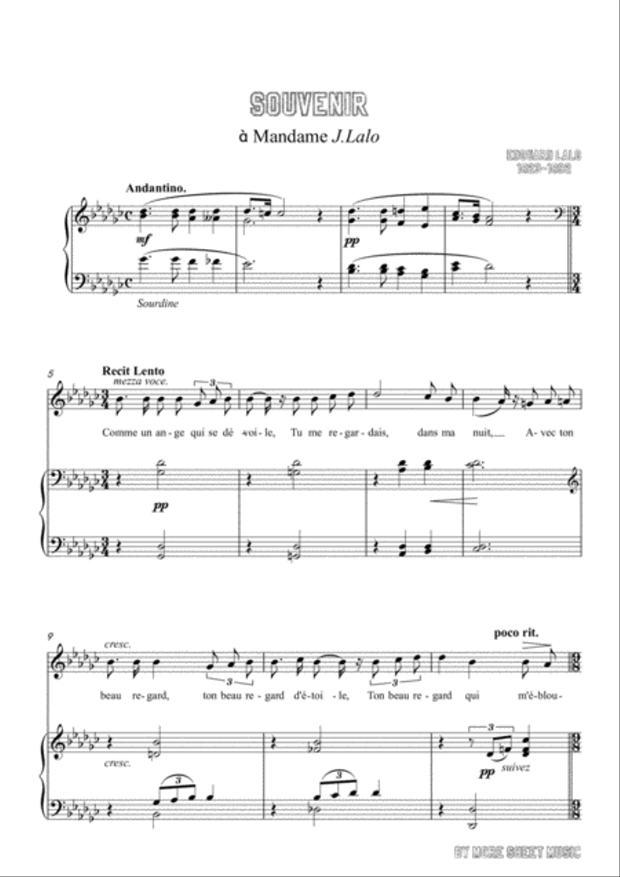Lalo-Souvenir in G flat Major,for Voice and Piano Voice Solo scores gallery preview page 3