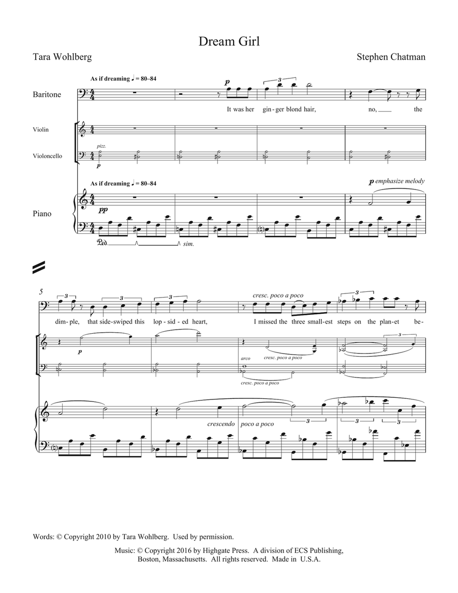 Dream Girl from Eight Love Songs for High Baritone Voice, Violin, Violoncello and Piano (Full/Vocal Score)