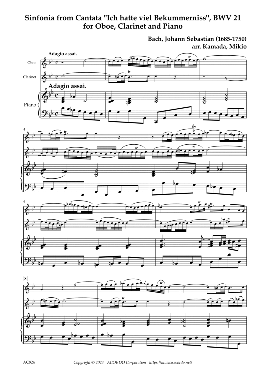 Sinfonia from Cantata "Ich hatte viel Bekummerniss", BWV 21 for Oboe, Clarinet and Piano image number null