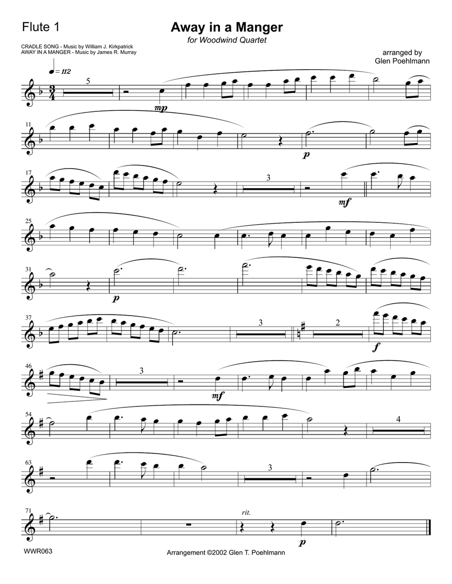AWAY IN A MANGER - WOODWIND QUARTET (2 Flutes, Oboe & Clarinet) Woodwind Quartet scores gallery preview page 4