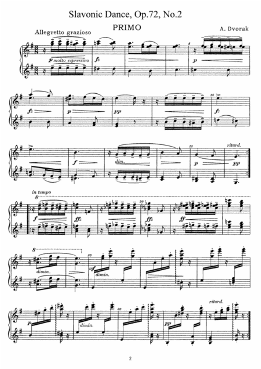 Dvorak Slavonic Dance, Op.72, No.2, for piano duet, PD892 by