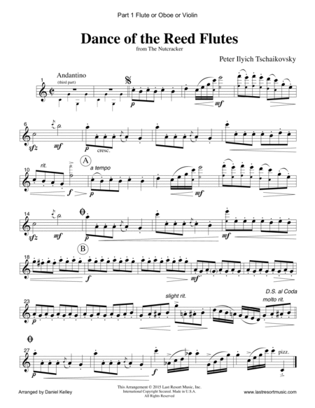 Dance of the Reed Flutes from The Nutcracker for Piano Trio (Violin, Cello, Piano) Set of 3 Parts