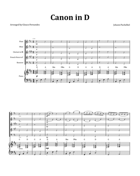 Canon by Pachelbel - Woodwind Quintet with Piano and Chord Notation image number null