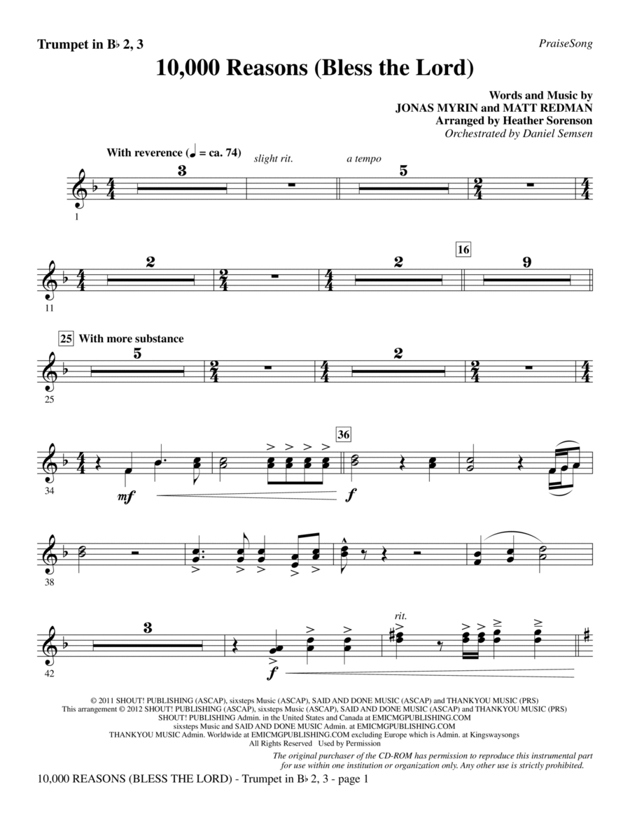 10,000 Reasons (Bless The Lord) - Bb Trumpet 2,3 Choir scores gallery preview page 1