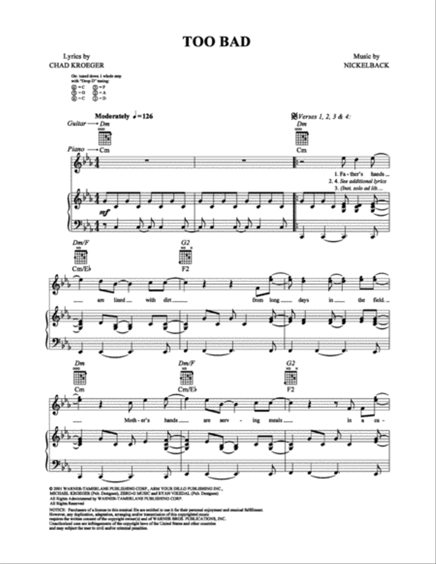 Too Bad Piano, Vocal, Guitar scores gallery preview page 1