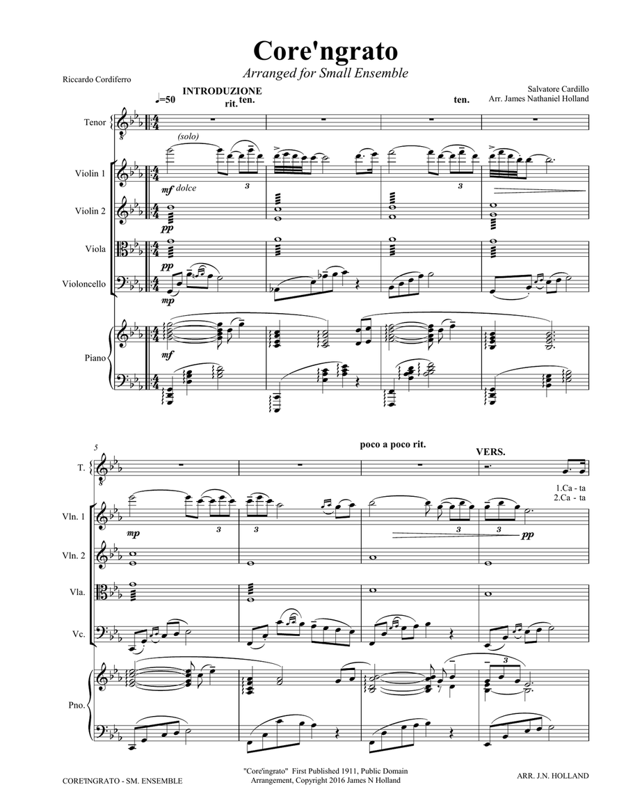 Core ngrato Neapolitan Song Arranged for Tenor and Ensemble in the key of Eb Piano, Vocal scores gallery preview page 5