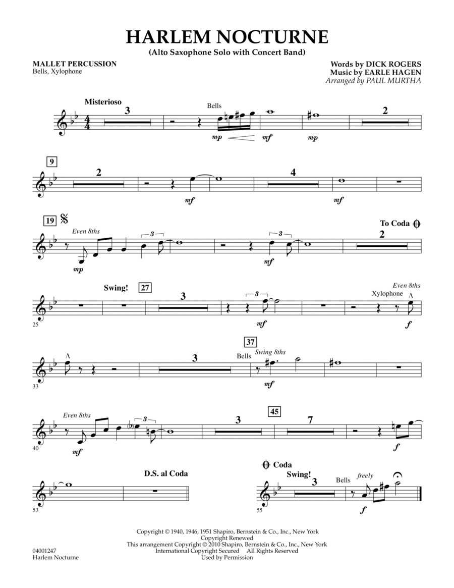 Harlem Nocturne (Alto Sax Solo with Band) - Mallet Percussion Concert Band scores gallery preview page 1