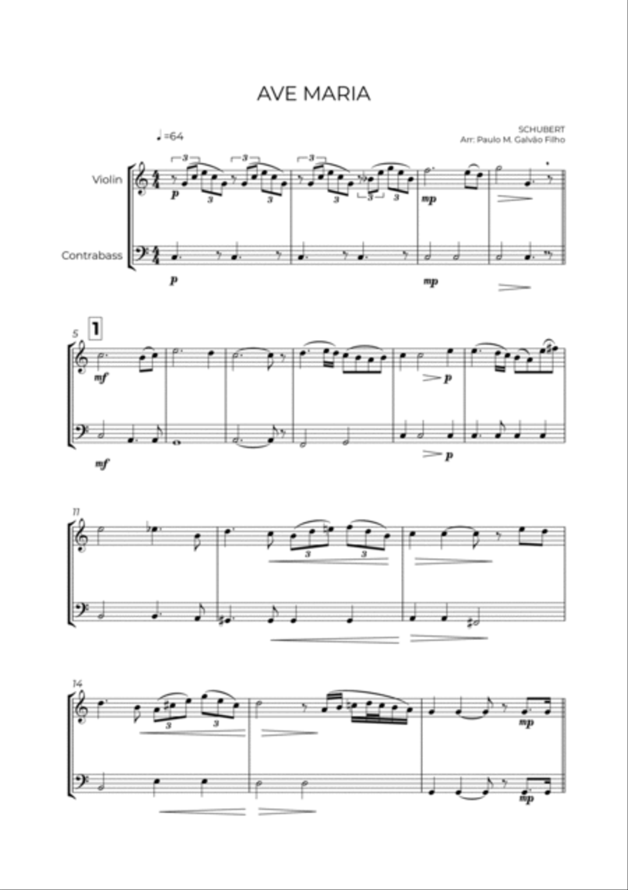 AVE MARIA - SCHUBERT - VIOLIN & CONTRABASS String Duet scores gallery preview page 2