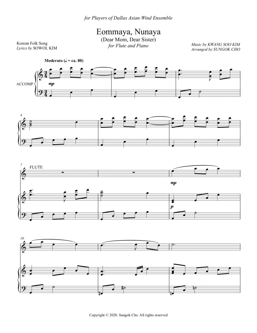 Korean Folk Song - Eommaya, Nunaya (Dear Mom, Dear Sister) Version 1 Flute Solo scores gallery preview page 1