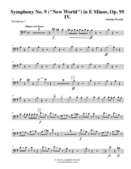 Dvorak Symphony No. 9, New World, Movement IV - Trombone in Bass Clef 1 (Transposed Part), Op.95